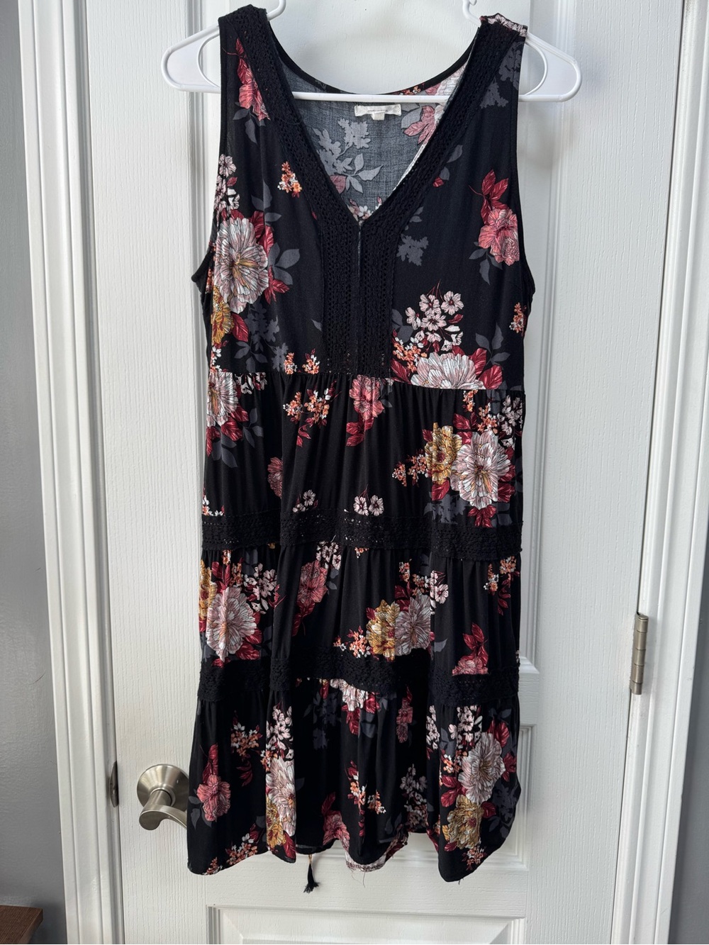 Maurices Black Floral V-Neck Tiered Dress with Pink and Gold Blooms
